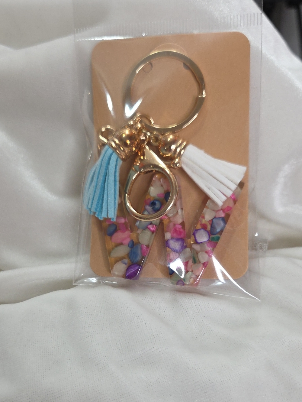 Initial Letter "W" Blue White Pink Resin Keychain Purse Charm Handbag Charm